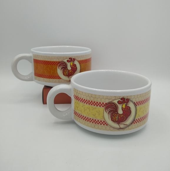Houston Harvest Rooster Soup Mugs Set of 2 Chicken Stoneware Bowls Vintage - Picture 2 of 10